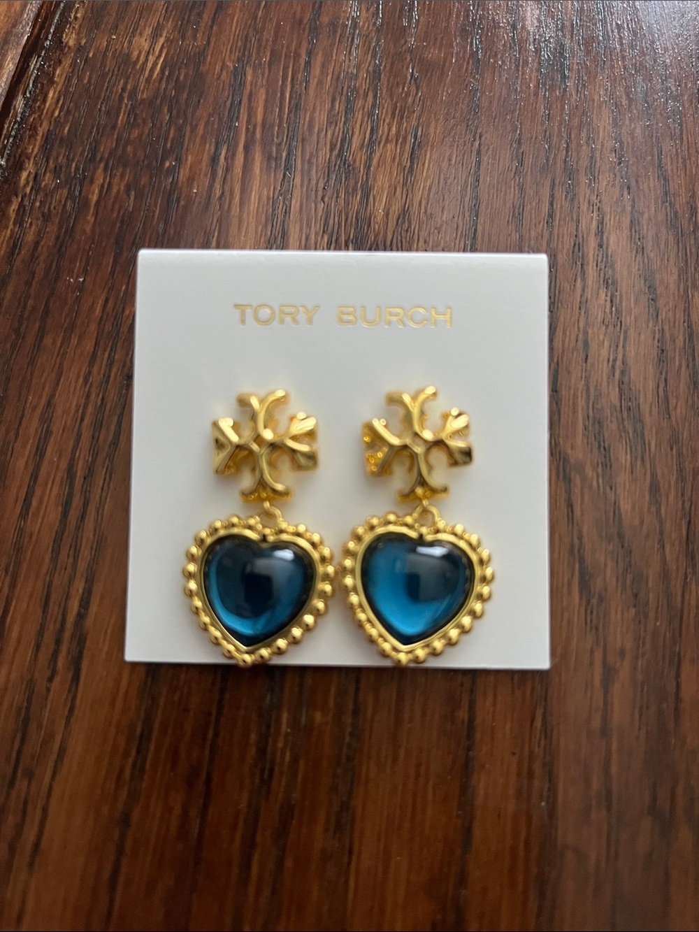 Tory Burch Gold and Blue Heart Drop Earrings